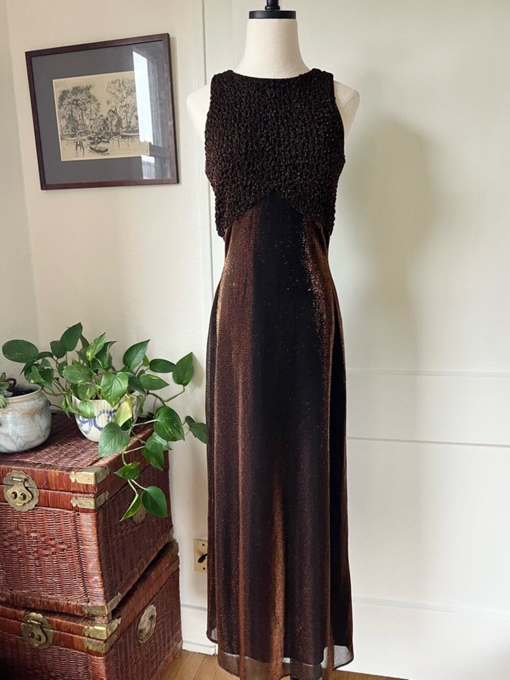 Vintage Cache Brown Metallic Sleeveless Dress
